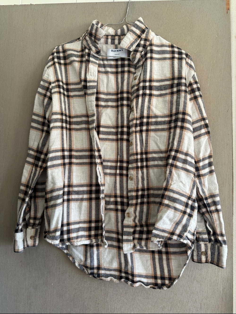 Old Navy Cream Plaid Button-Down Shirt with Brown & Black Stripes